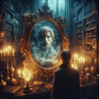 The primary subject of the image is a man standing in front of a mirror. The setting is a room with a bookshelf, and the visual style appears to be a digital art or illustration. The colors and mood of the image are dark and moody, with the man's reflection in the mirror being surrounded by a hazy, foggy atmosphere.